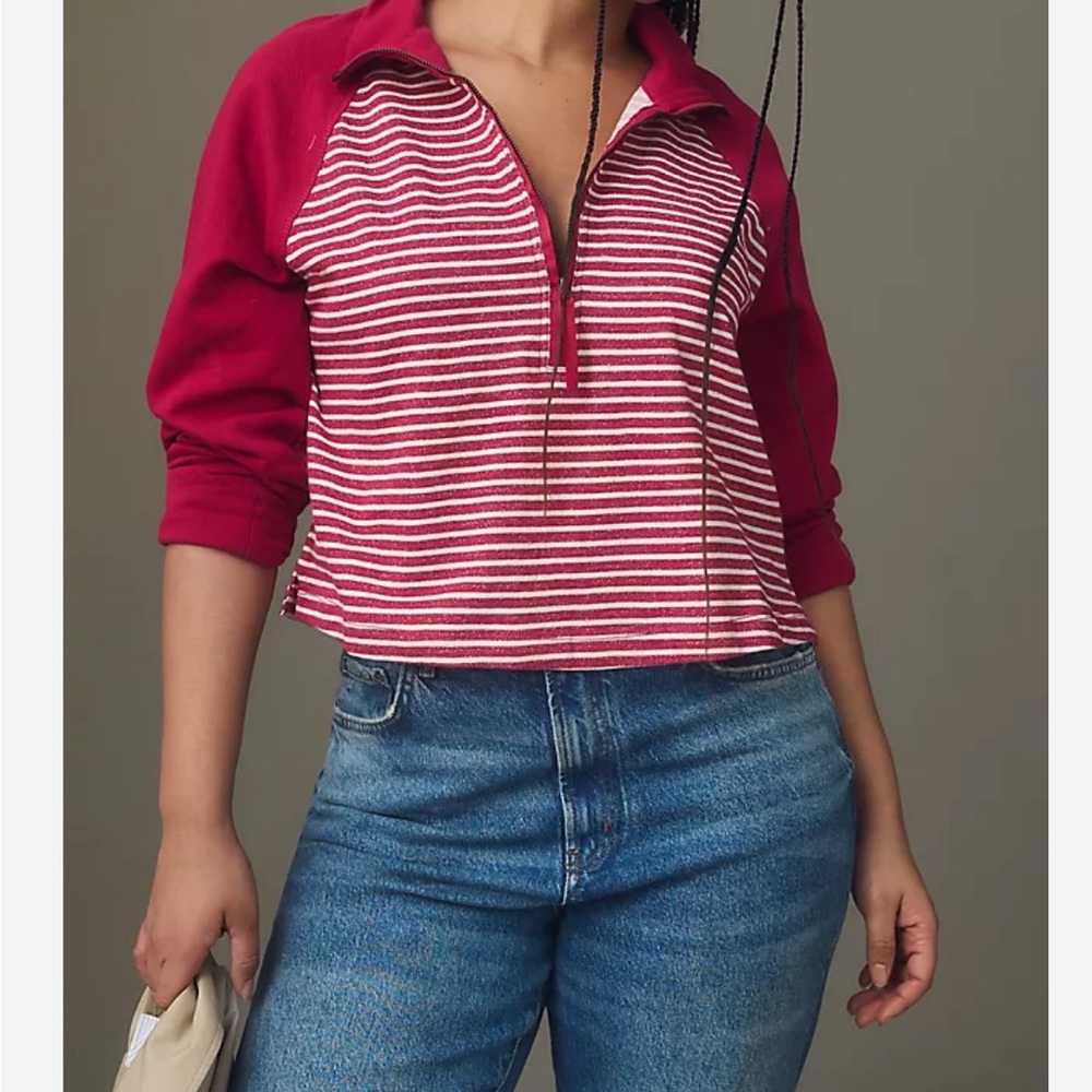 ANTHROPOLOGIE Pilcro Womens Crop Top Medium Red Stripe Collared Half-Zip Shirt